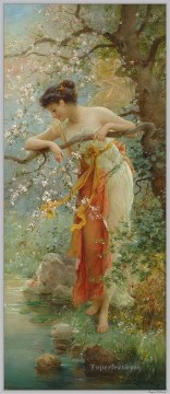 girl by stream Hans Zatzka classical flowers Oil Paintings